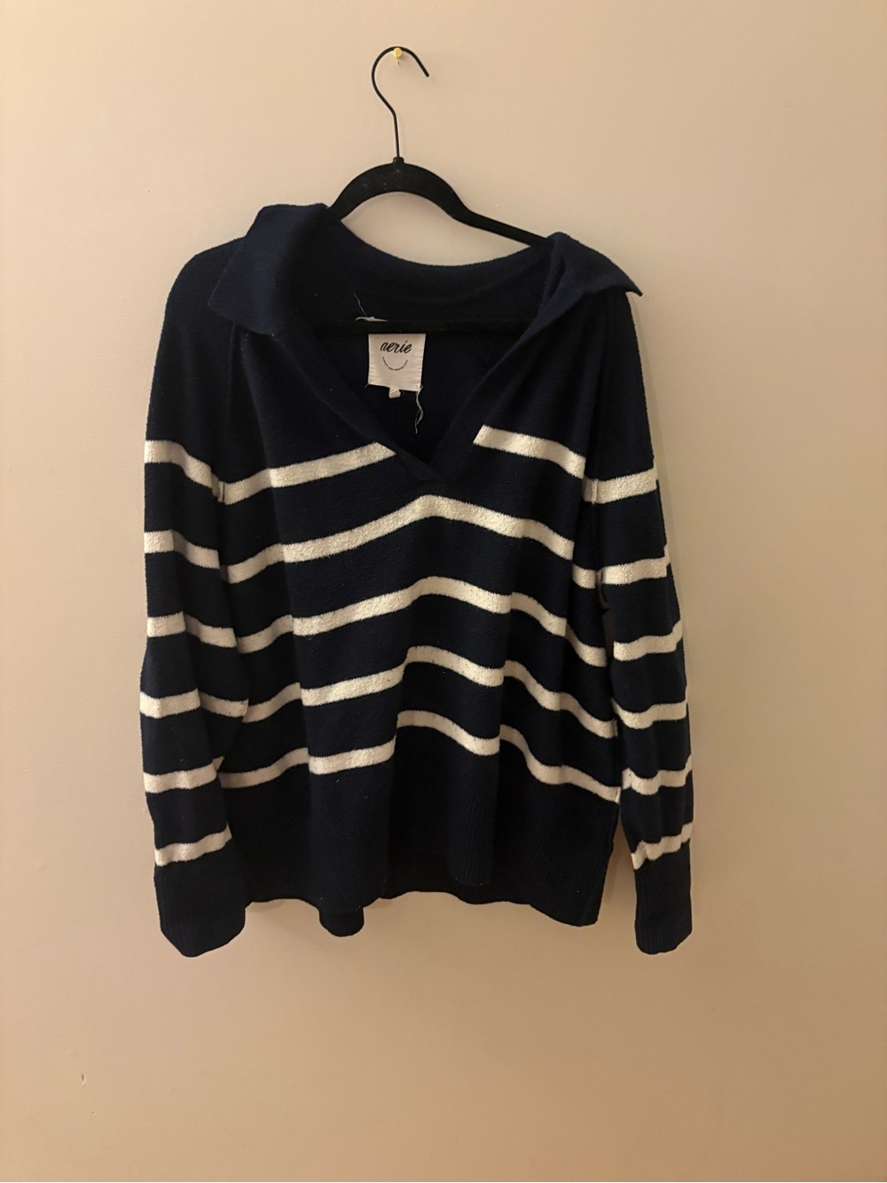 Aerie Navy and White Striped V-Neck Pullover